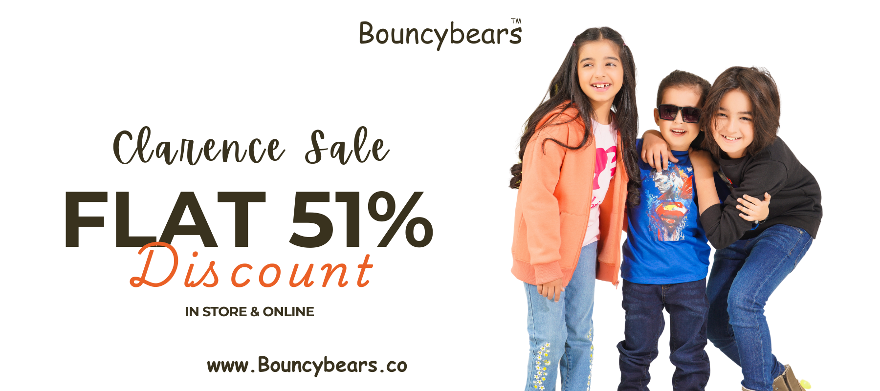 Three children standing together with a Bouncybears advertisement for a sale on a white background.