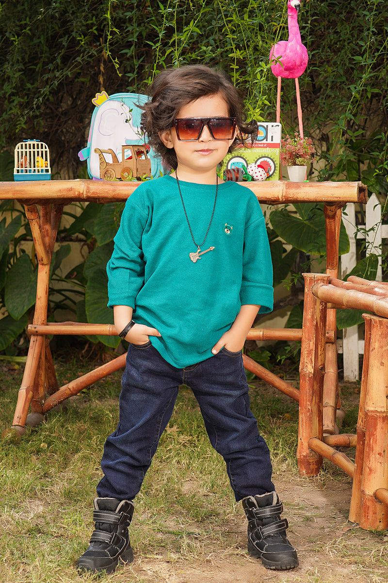 Pair of Persian GREEN Boys Waffle Jersey  & Denim Pant | WBKT-12 | BDP-2 - Bouncybears