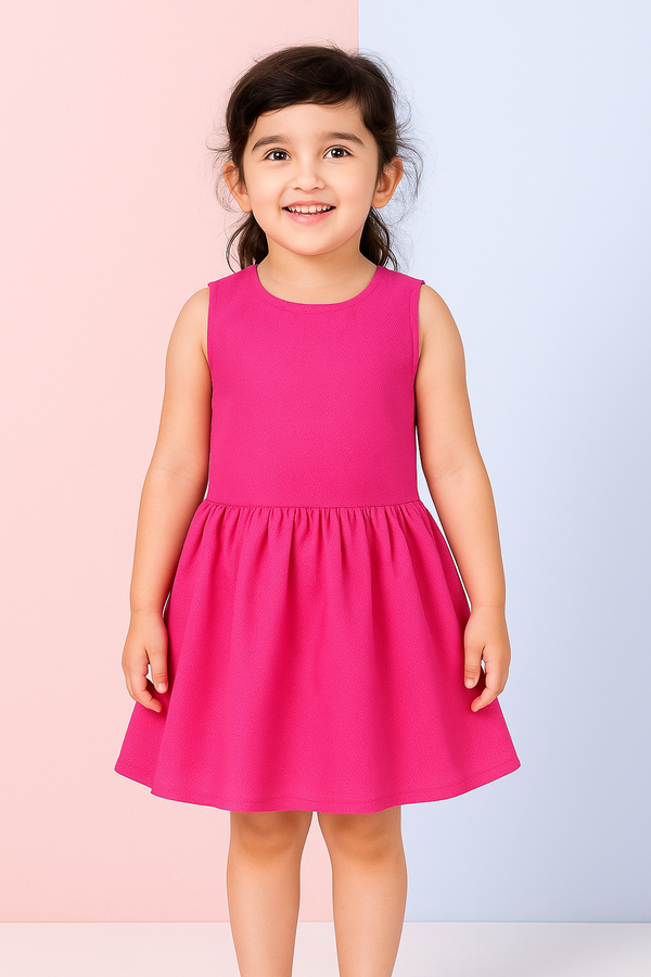Young girl wearing a pink dress against a light pink and blue gradient background