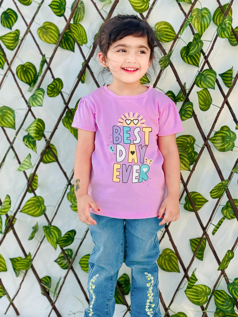 Pair of Girls T-shirt and Blue Embroidery Denim Pants. GDP-03 | GTS001C - Bouncybears