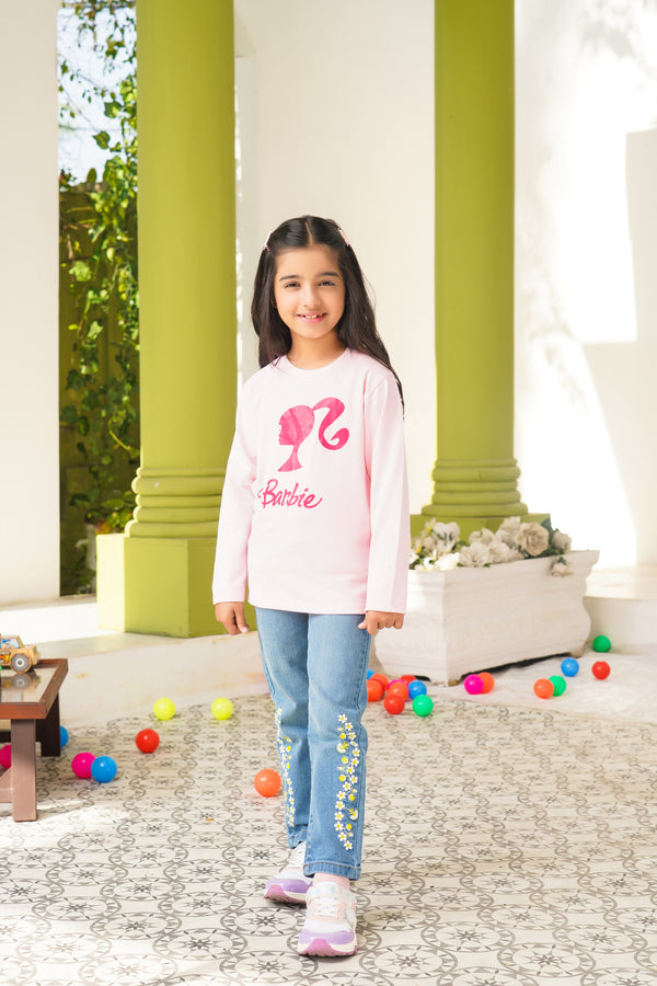 Pair of Barbie printed Girls Jersey & Denim Pants| WGKT-02 | GDP-03